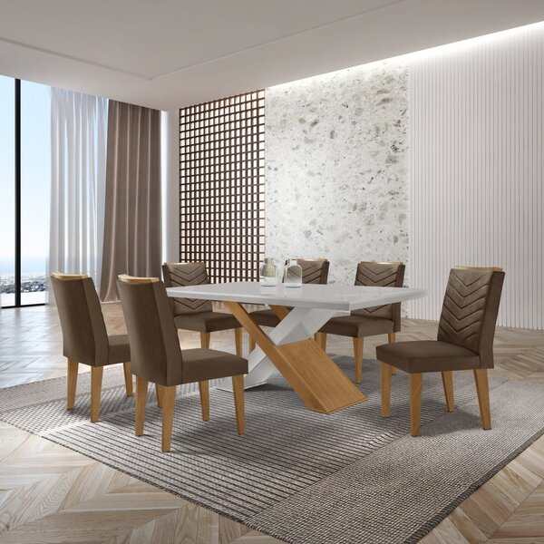 Mesa Valentina 180 Tampo Mdf Canto Reto Com 6 Cadeiras Moniqu