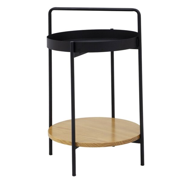 Mesinha Lateral Aura Redonda Apoio Bandeja Metal Madeira Pret