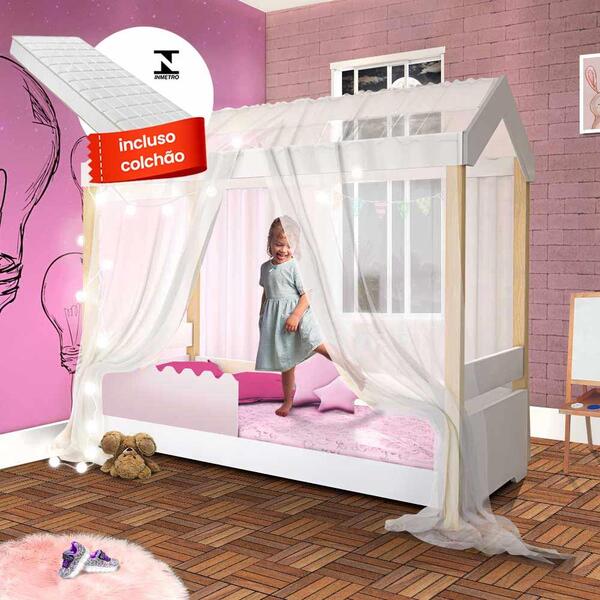 Mini Cama Montessoriana Casinha Rose Com Colchão E Led E Voal