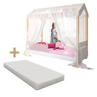 Mini Cama Montessoriana Casinha Rose Com Colchão E Led E Voal