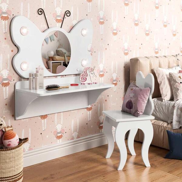 Mini Penteadeira Infantil Com Espelho Borboleta Branca 100% M