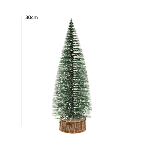 Mini Pinheiro Verde Nevado 30cm C/ Base Madeira - Magizi