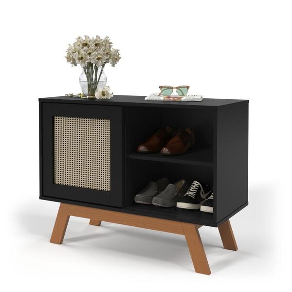 Mini Sapateira Balcão Rattan Com Porta Deslizante Preto Ofert