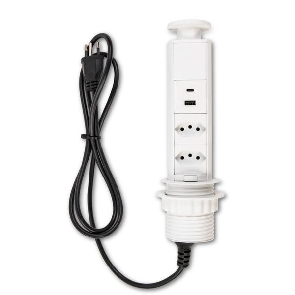 Mini Totem Manual com Cabo de 1,6m Branco 2 Tomadas Duto QTMov