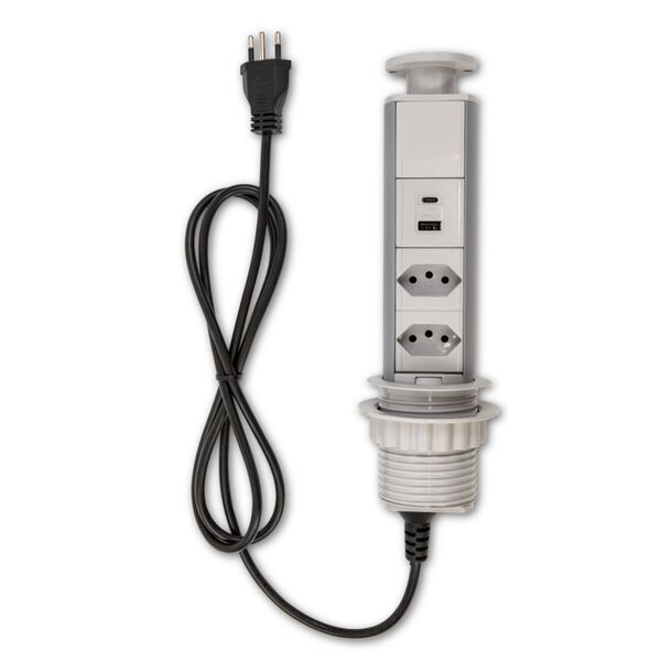 Mini Totem Manual com Cabo de 1,6m Cinza 2 Tomadas Duto QTMov