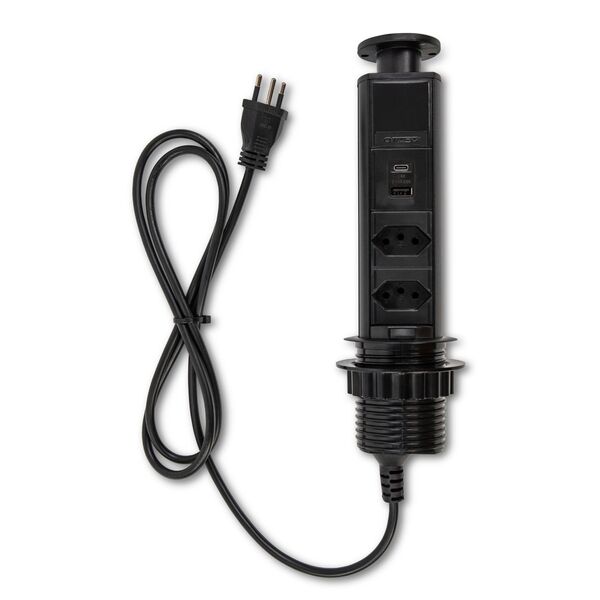 Mini Totem Manual com Cabo de 1,6m Preto 2 Tomadas Duto QTMov