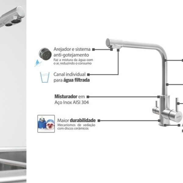 misturador monocomando tramontina monde filter em aco inox com saida adicional para agua filtrada aco inox leroy merlin