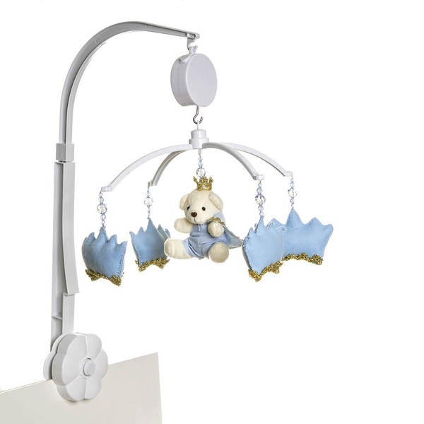 Móbile Musical Corôas Azuis E Ursinho Quarto Bebê