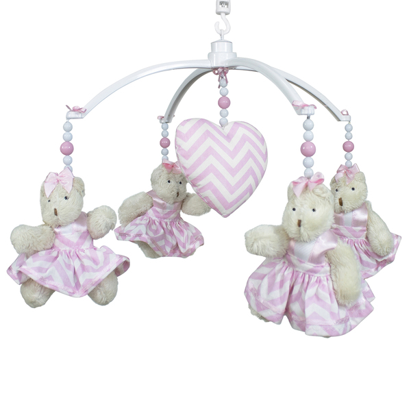 Móbile Musical Ursinha Rosa Chevron E Coração Quarto Bebê