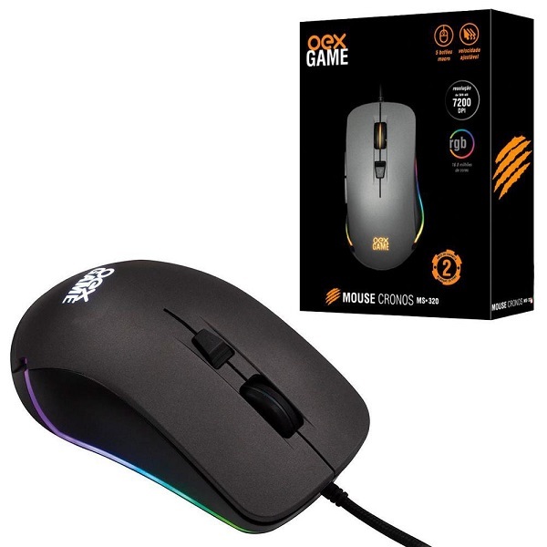 Mouse Gamer Cronos Rgb 5 Botoes 7.200 Dpi Oex Ms320 Preto