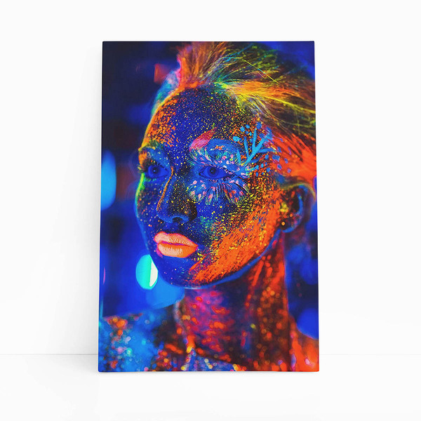 Mulher Com Maquiagem Neon Colorida Quadro Canvas 120x80cm