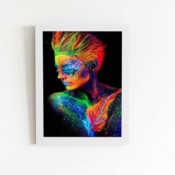 Mulher De Perfil Colorida Neon Quadro Moldura Branca 60x40cm