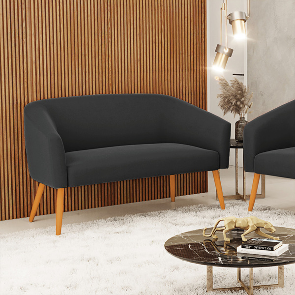 Namoradeira 02 Lugares Stella Suede Preto Pés Palito Castanho