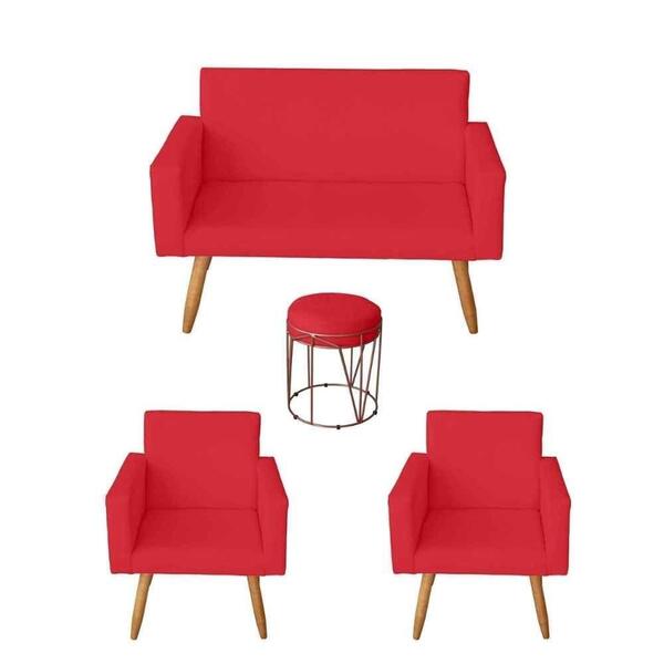 Namoradeira Com 2 Poltronas Nina E Puff Aramado Vermelho
