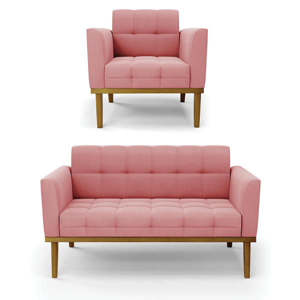 Namoradeira Com Poltrona Base De Madeira Castanho Elisa Suede