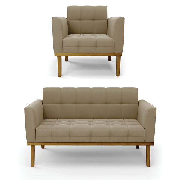 Namoradeira Com Poltrona Base De Madeira Castanho Elisa Suede