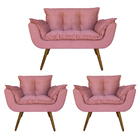 Namoradeira Decorativa Perola Com 2 Poltronas Suede Rosa
