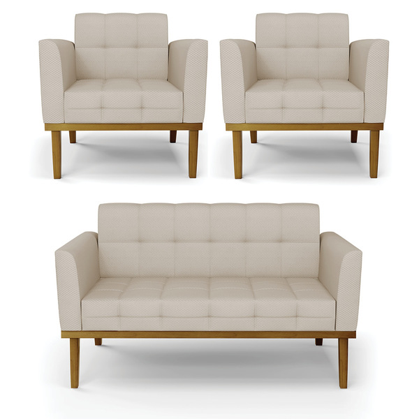 Namoradeira E 2 Poltronas Base Madeira Castanho Elisa Veludo