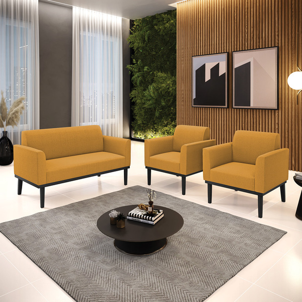 Namoradeira E 2 Poltronas Base Madeira Preto Marisa Bouclê Mo