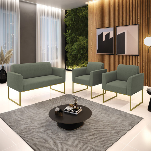 Namoradeira E 2 Poltronas Industrial Dourado Marisa Bouclê D0