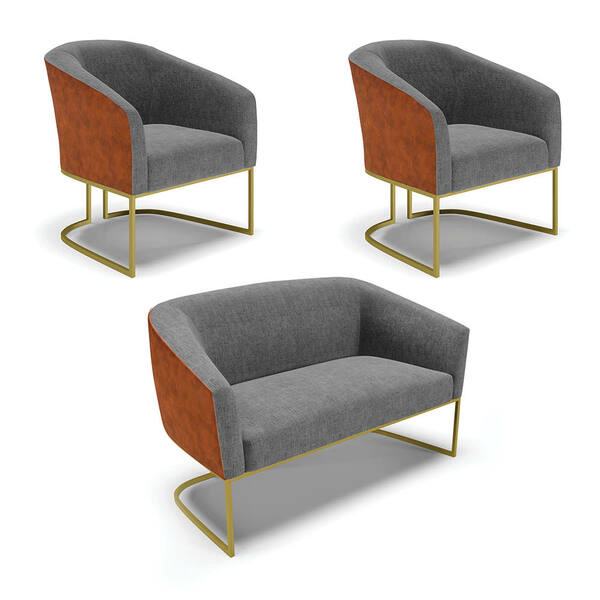 Namoradeira E 2 Poltronas Industrial Dourado Stella Noz/linho