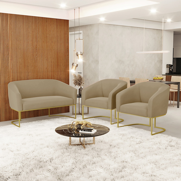 Namoradeira E 2 Poltronas Industrial Dourado Stella Suede D03