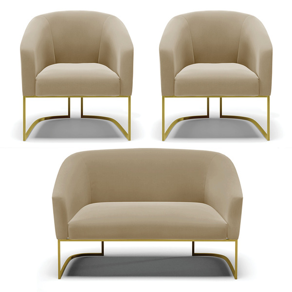 Namoradeira E 2 Poltronas Industrial Dourado Stella Suede Mar