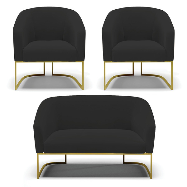 Namoradeira E 2 Poltronas Industrial Dourado Stella Veludo Pr