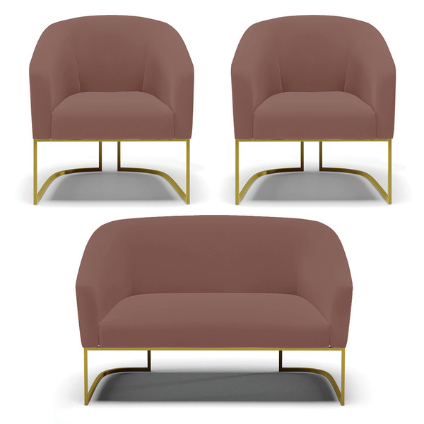 Namoradeira E 2 Poltronas Industrial Dourado Stella Veludo Ro