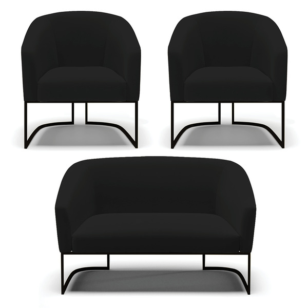 Namoradeira E 2 Poltronas Industrial Preto Stella Linho D03 -