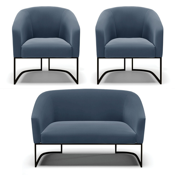 Namoradeira E 2 Poltronas Industrial Preto Stella Suede D03 -