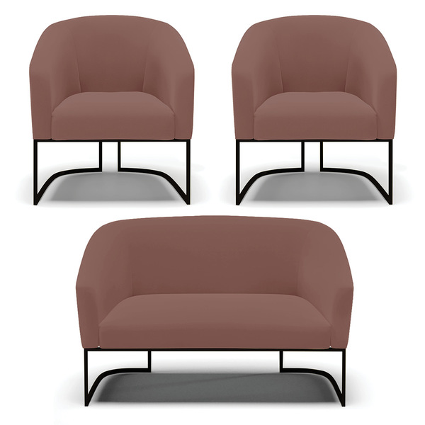 Namoradeira E 2 Poltronas Industrial Preto Stella Veludo D03