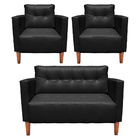 Namoradeira E 2 Poltronas Livia Pé Madeira Castanho Sintético