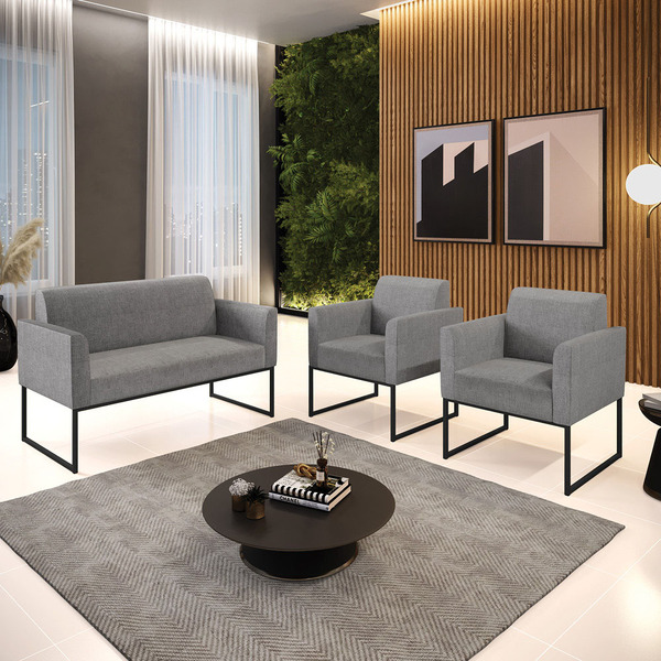 Namoradeira E 2 Poltronas Marisa Aço Industrial Preto Linho D