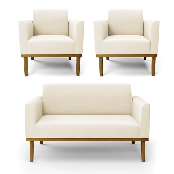 Namoradeira E 2 Poltronas Marisa Base Madeira Castanho Veludo