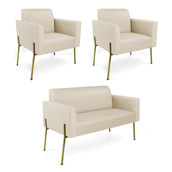 Namoradeira E 2 Poltronas Marisa Pé Aço Dourado Sintético D03