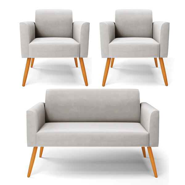 Namoradeira E 2 Poltronas Marisa Pé Palito Castanho Veludo D0