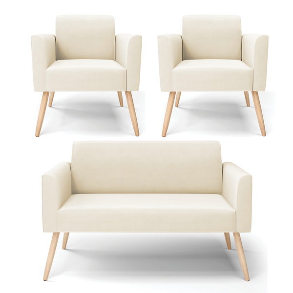 Namoradeira E 2 Poltronas Marisa Pé Palito Natural Veludo D03