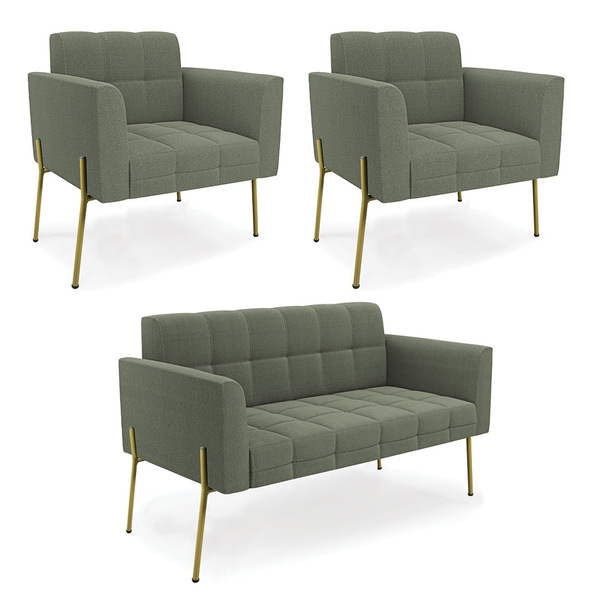 Namoradeira E 2 Poltronas Pé De Ferro Dourado Elisa Bouclê Ve