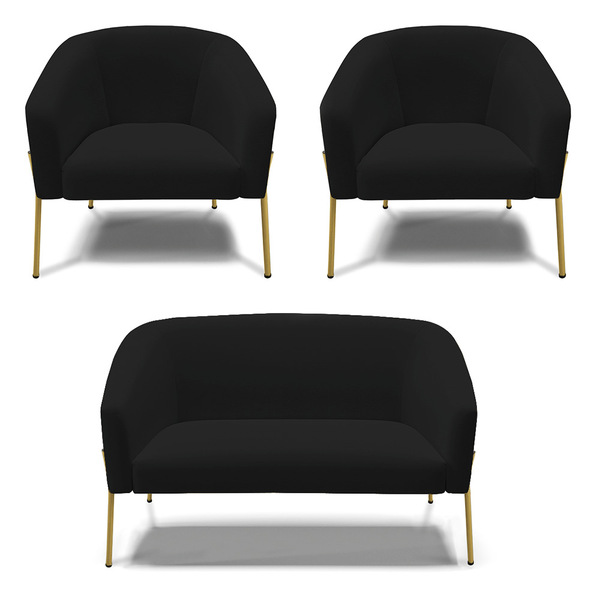 Namoradeira E 2 Poltronas Pé De Ferro Dourado Stella Linho D0