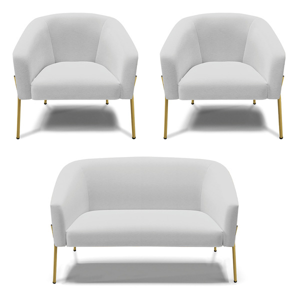 Namoradeira E 2 Poltronas Pé De Ferro Dourado Stella Linho D0