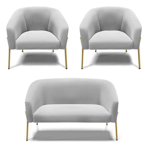Namoradeira E 2 Poltronas Pé De Ferro Dourado Stella Suede D0