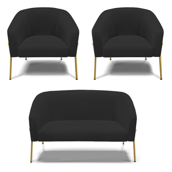 Namoradeira E 2 Poltronas Pé De Ferro Dourado Stella Veludo P