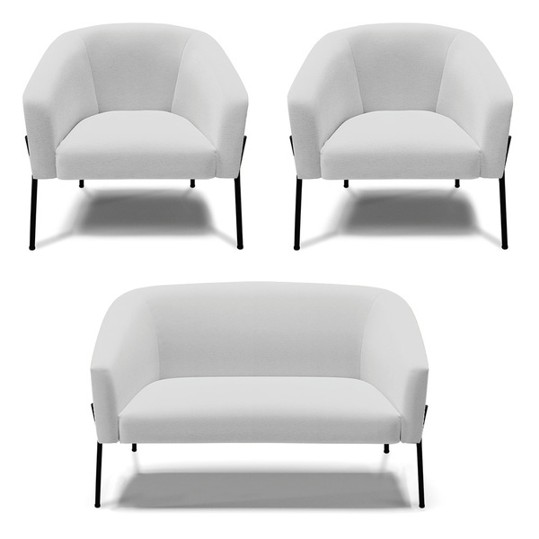 Namoradeira E 2 Poltronas Pé De Ferro Preto Stella Linho Cinz