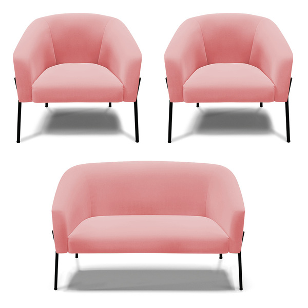 Namoradeira E 2 Poltronas Pé De Ferro Preto Stella Suede D03