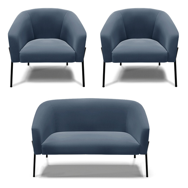 Namoradeira E 2 Poltronas Pé De Ferro Preto Stella Suede D03