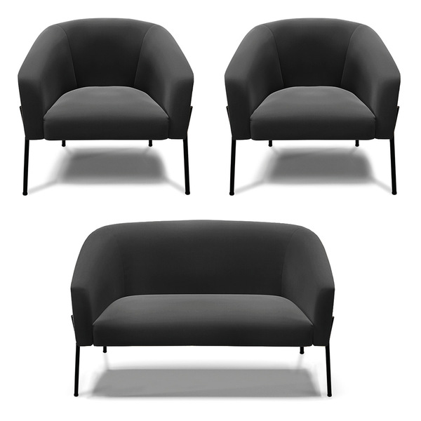 Namoradeira E 2 Poltronas Pé De Ferro Preto Stella Suede Pret