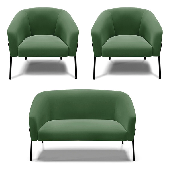 Namoradeira E 2 Poltronas Pé De Ferro Preto Stella Suede Verd