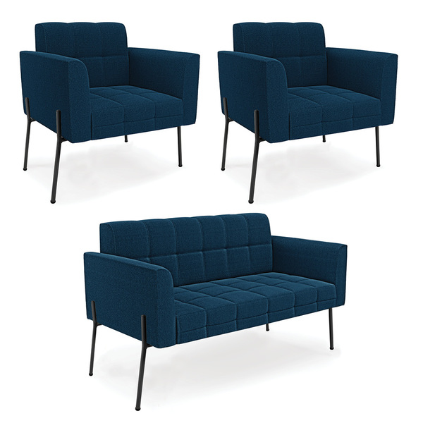 Namoradeira E 2 Poltronas Pé De Ferro Pto Elisa Bouclê Azul D