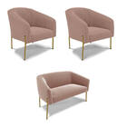 Namoradeira E 2 Poltronas Pé Ferro Dourado Stella Bouclê Rosê